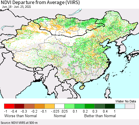 China, Mongolia and Taiwan NDVI Departure from Average (VIIRS) Thematic Map For 6/18/2021 - 6/25/2021