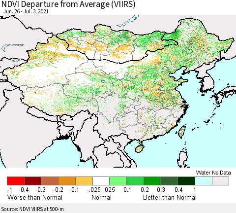 China, Mongolia and Taiwan NDVI Departure from Average (VIIRS) Thematic Map For 6/26/2021 - 7/3/2021