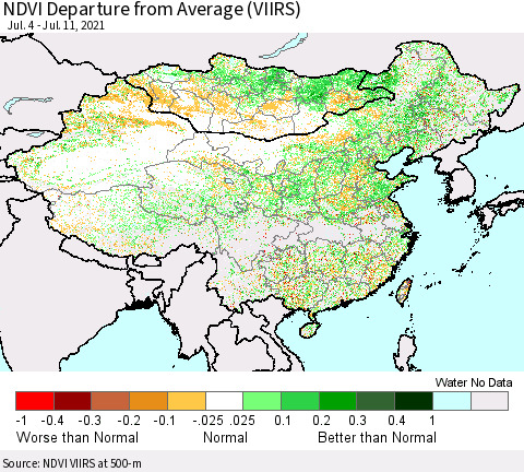 China, Mongolia and Taiwan NDVI Departure from Average (VIIRS) Thematic Map For 7/4/2021 - 7/11/2021