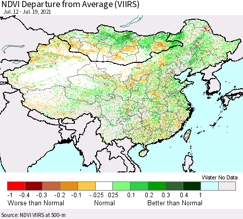China, Mongolia and Taiwan NDVI Departure from Average (VIIRS) Thematic Map For 7/12/2021 - 7/19/2021