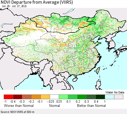 China, Mongolia and Taiwan NDVI Departure from Average (VIIRS) Thematic Map For 7/20/2021 - 7/27/2021