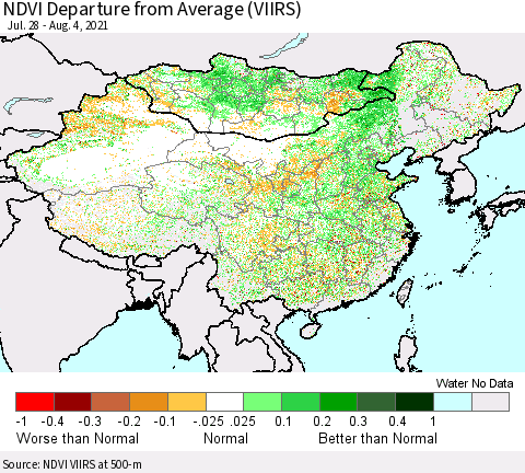 China, Mongolia and Taiwan NDVI Departure from Average (VIIRS) Thematic Map For 7/28/2021 - 8/4/2021