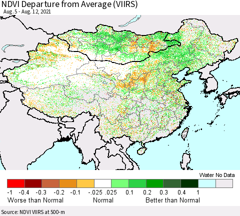 China, Mongolia and Taiwan NDVI Departure from Average (VIIRS) Thematic Map For 8/5/2021 - 8/12/2021