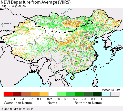 China, Mongolia and Taiwan NDVI Departure from Average (VIIRS) Thematic Map For 8/13/2021 - 8/20/2021
