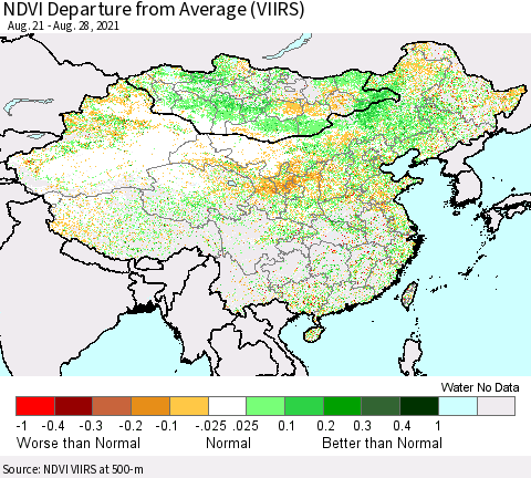 China, Mongolia and Taiwan NDVI Departure from Average (VIIRS) Thematic Map For 8/21/2021 - 8/28/2021