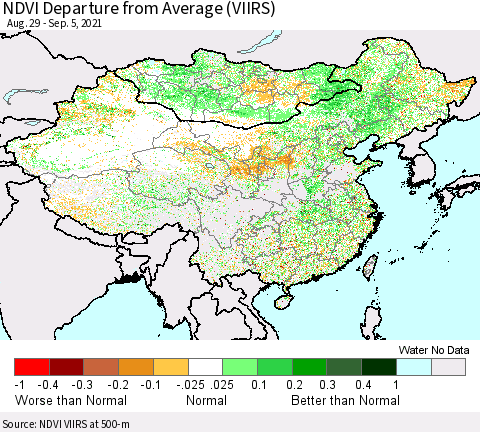 China, Mongolia and Taiwan NDVI Departure from Average (VIIRS) Thematic Map For 8/29/2021 - 9/5/2021