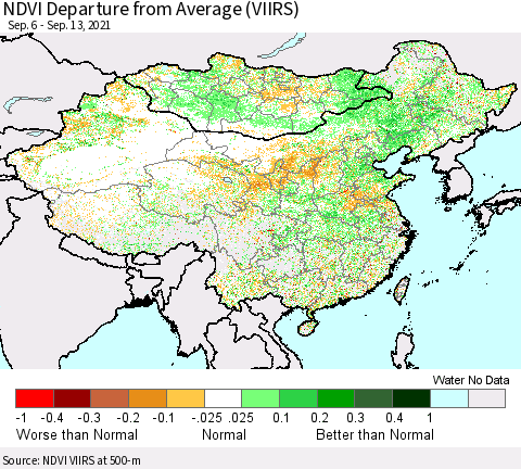 China, Mongolia and Taiwan NDVI Departure from Average (VIIRS) Thematic Map For 9/6/2021 - 9/13/2021