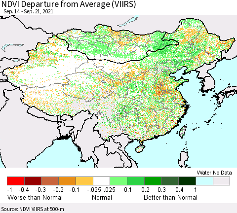 China, Mongolia and Taiwan NDVI Departure from Average (VIIRS) Thematic Map For 9/14/2021 - 9/21/2021
