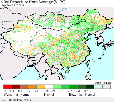 China, Mongolia and Taiwan NDVI Departure from Average (VIIRS) Thematic Map For 9/30/2021 - 10/7/2021