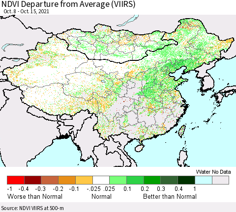 China, Mongolia and Taiwan NDVI Departure from Average (VIIRS) Thematic Map For 10/8/2021 - 10/15/2021