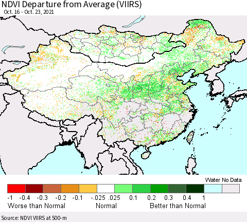 China, Mongolia and Taiwan NDVI Departure from Average (VIIRS) Thematic Map For 10/16/2021 - 10/23/2021