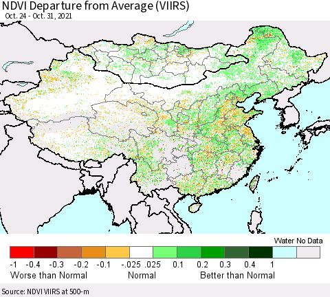 China, Mongolia and Taiwan NDVI Departure from Average (VIIRS) Thematic Map For 10/24/2021 - 10/31/2021