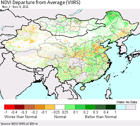 China, Mongolia and Taiwan NDVI Departure from Average (VIIRS) Thematic Map For 11/1/2021 - 11/8/2021