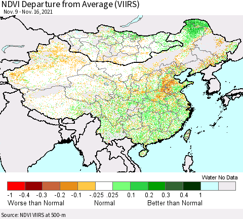 China, Mongolia and Taiwan NDVI Departure from Average (VIIRS) Thematic Map For 11/9/2021 - 11/16/2021