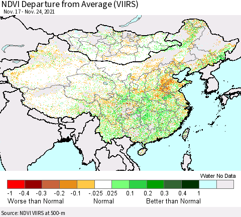 China, Mongolia and Taiwan NDVI Departure from Average (VIIRS) Thematic Map For 11/17/2021 - 11/24/2021