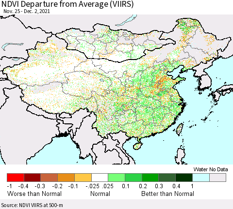 China, Mongolia and Taiwan NDVI Departure from Average (VIIRS) Thematic Map For 11/25/2021 - 12/2/2021