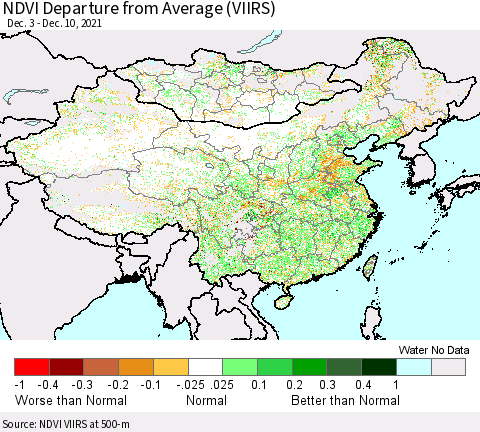 China, Mongolia and Taiwan NDVI Departure from Average (VIIRS) Thematic Map For 12/3/2021 - 12/10/2021