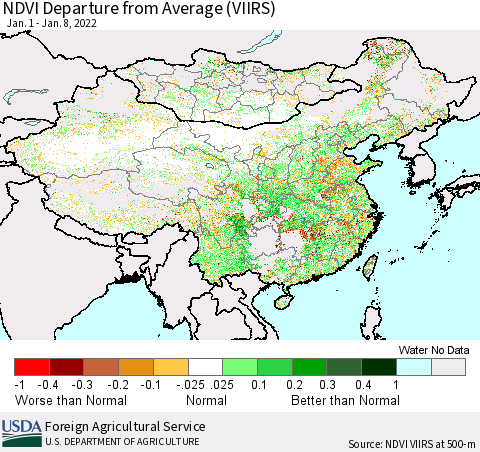 China, Mongolia and Taiwan NDVI Departure from Average (VIIRS) Thematic Map For 1/1/2022 - 1/8/2022