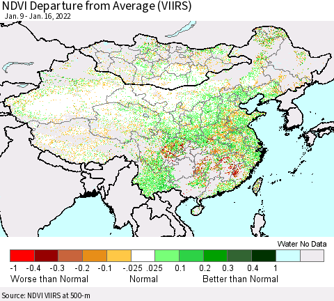 China, Mongolia and Taiwan NDVI Departure from Average (VIIRS) Thematic Map For 1/9/2022 - 1/16/2022