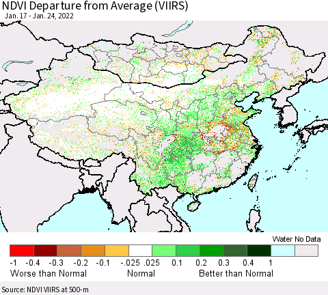 China, Mongolia and Taiwan NDVI Departure from Average (VIIRS) Thematic Map For 1/17/2022 - 1/24/2022