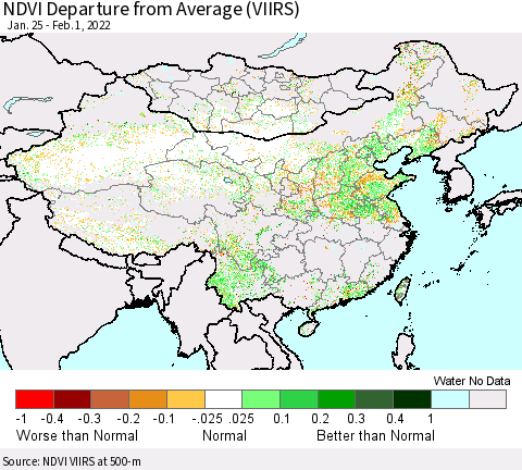 China, Mongolia and Taiwan NDVI Departure from Average (VIIRS) Thematic Map For 1/25/2022 - 2/1/2022