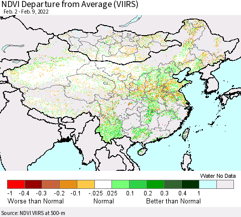 China, Mongolia and Taiwan NDVI Departure from Average (VIIRS) Thematic Map For 2/2/2022 - 2/9/2022