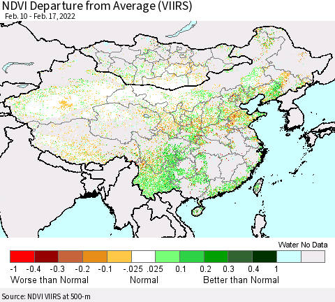 China, Mongolia and Taiwan NDVI Departure from Average (VIIRS) Thematic Map For 2/10/2022 - 2/17/2022