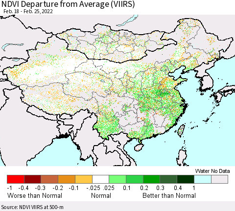 China, Mongolia and Taiwan NDVI Departure from Average (VIIRS) Thematic Map For 2/18/2022 - 2/25/2022