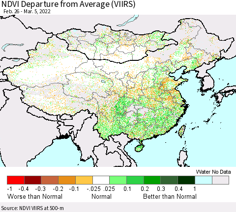 China, Mongolia and Taiwan NDVI Departure from Average (VIIRS) Thematic Map For 2/26/2022 - 3/5/2022