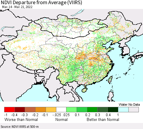 China, Mongolia and Taiwan NDVI Departure from Average (VIIRS) Thematic Map For 3/14/2022 - 3/21/2022