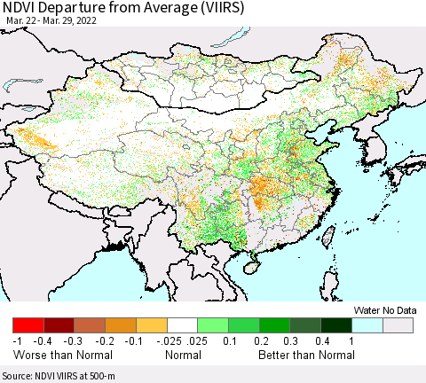 China, Mongolia and Taiwan NDVI Departure from Average (VIIRS) Thematic Map For 3/22/2022 - 3/29/2022