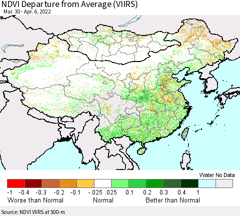 China, Mongolia and Taiwan NDVI Departure from Average (VIIRS) Thematic Map For 3/30/2022 - 4/6/2022