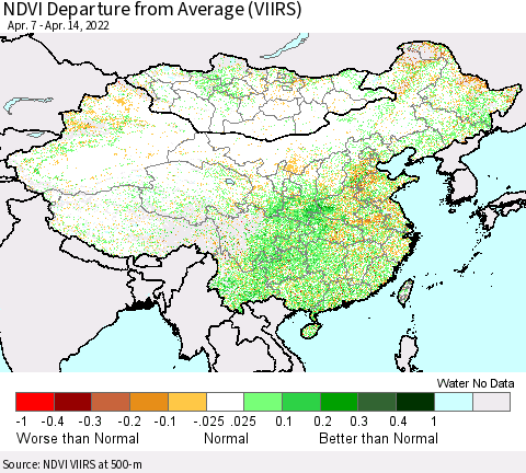 China, Mongolia and Taiwan NDVI Departure from Average (VIIRS) Thematic Map For 4/7/2022 - 4/14/2022