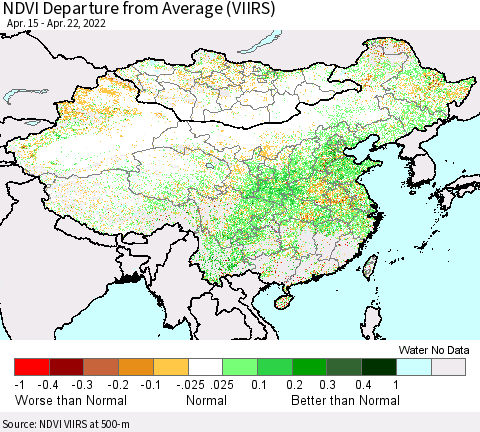 China, Mongolia and Taiwan NDVI Departure from Average (VIIRS) Thematic Map For 4/15/2022 - 4/22/2022