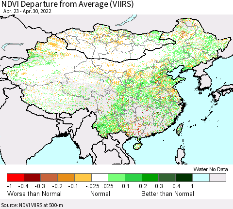 China, Mongolia and Taiwan NDVI Departure from Average (VIIRS) Thematic Map For 4/23/2022 - 4/30/2022