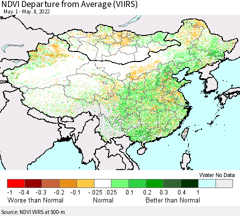 China, Mongolia and Taiwan NDVI Departure from Average (VIIRS) Thematic Map For 5/1/2022 - 5/8/2022