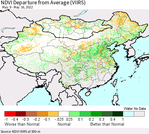China, Mongolia and Taiwan NDVI Departure from Average (VIIRS) Thematic Map For 5/9/2022 - 5/16/2022