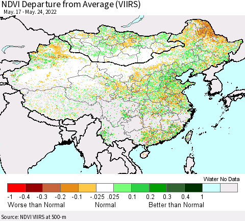 China, Mongolia and Taiwan NDVI Departure from Average (VIIRS) Thematic Map For 5/17/2022 - 5/24/2022