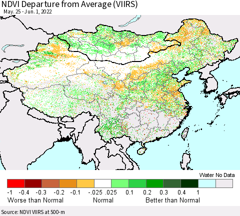 China, Mongolia and Taiwan NDVI Departure from Average (VIIRS) Thematic Map For 5/25/2022 - 6/1/2022