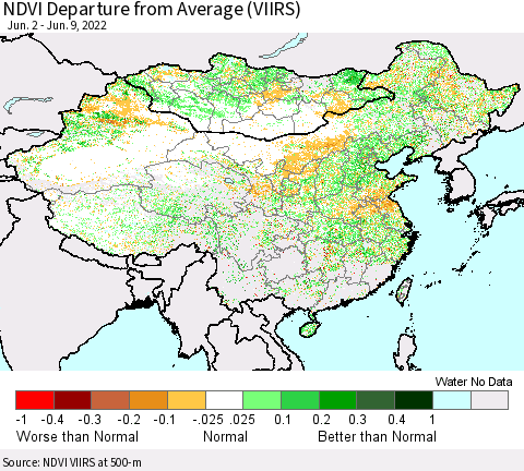 China, Mongolia and Taiwan NDVI Departure from Average (VIIRS) Thematic Map For 6/2/2022 - 6/9/2022