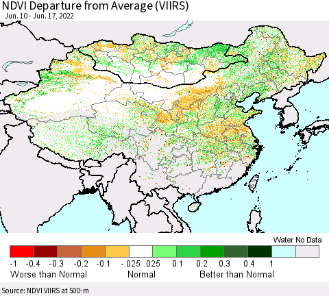 China, Mongolia and Taiwan NDVI Departure from Average (VIIRS) Thematic Map For 6/10/2022 - 6/17/2022