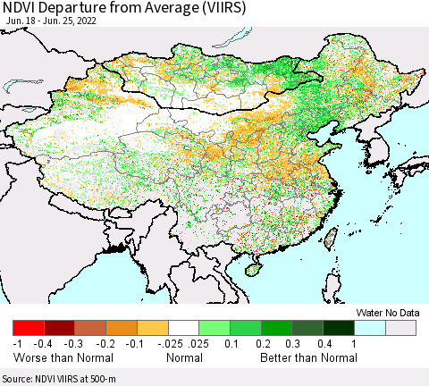 China, Mongolia and Taiwan NDVI Departure from Average (VIIRS) Thematic Map For 6/18/2022 - 6/25/2022