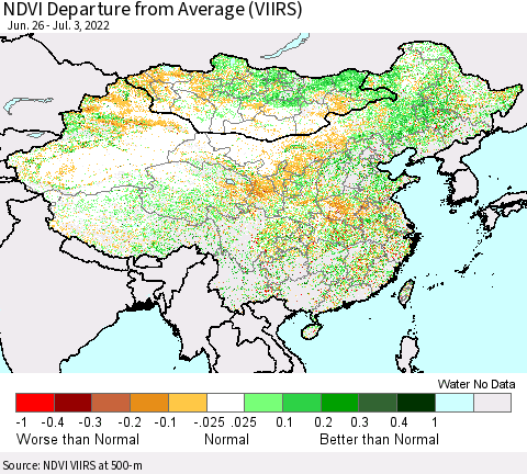 China, Mongolia and Taiwan NDVI Departure from Average (VIIRS) Thematic Map For 6/26/2022 - 7/3/2022