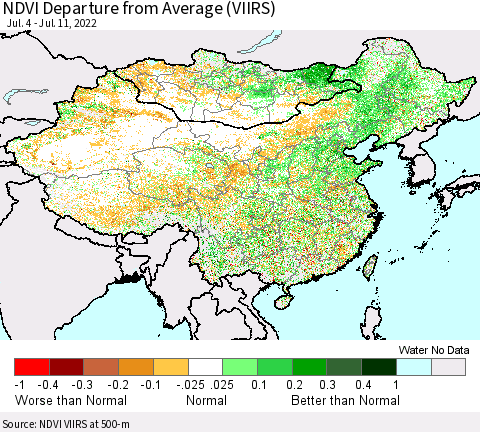 China, Mongolia and Taiwan NDVI Departure from Average (VIIRS) Thematic Map For 7/4/2022 - 7/11/2022