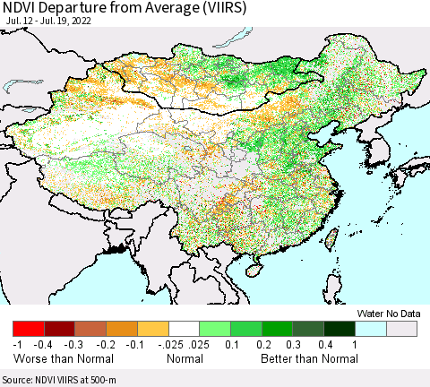 China, Mongolia and Taiwan NDVI Departure from Average (VIIRS) Thematic Map For 7/12/2022 - 7/19/2022