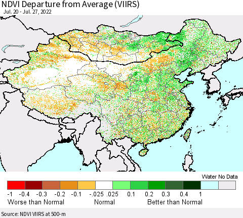 China, Mongolia and Taiwan NDVI Departure from Average (VIIRS) Thematic Map For 7/20/2022 - 7/27/2022