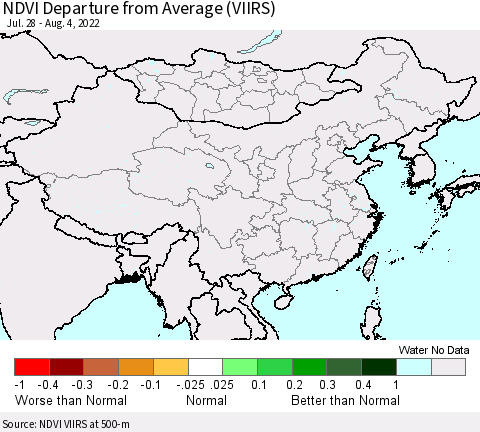 China, Mongolia and Taiwan NDVI Departure from Average (VIIRS) Thematic Map For 7/28/2022 - 8/4/2022