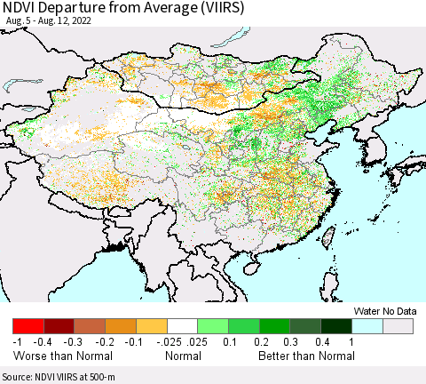 China, Mongolia and Taiwan NDVI Departure from Average (VIIRS) Thematic Map For 8/5/2022 - 8/12/2022