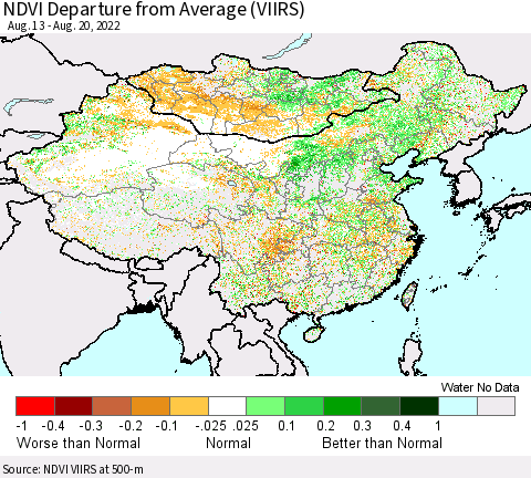 China, Mongolia and Taiwan NDVI Departure from Average (VIIRS) Thematic Map For 8/13/2022 - 8/20/2022
