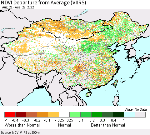 China, Mongolia and Taiwan NDVI Departure from Average (VIIRS) Thematic Map For 8/21/2022 - 8/28/2022